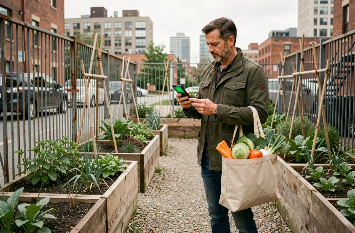 Homme dans un jardin urbain partageant des ressources locales via une application écologique