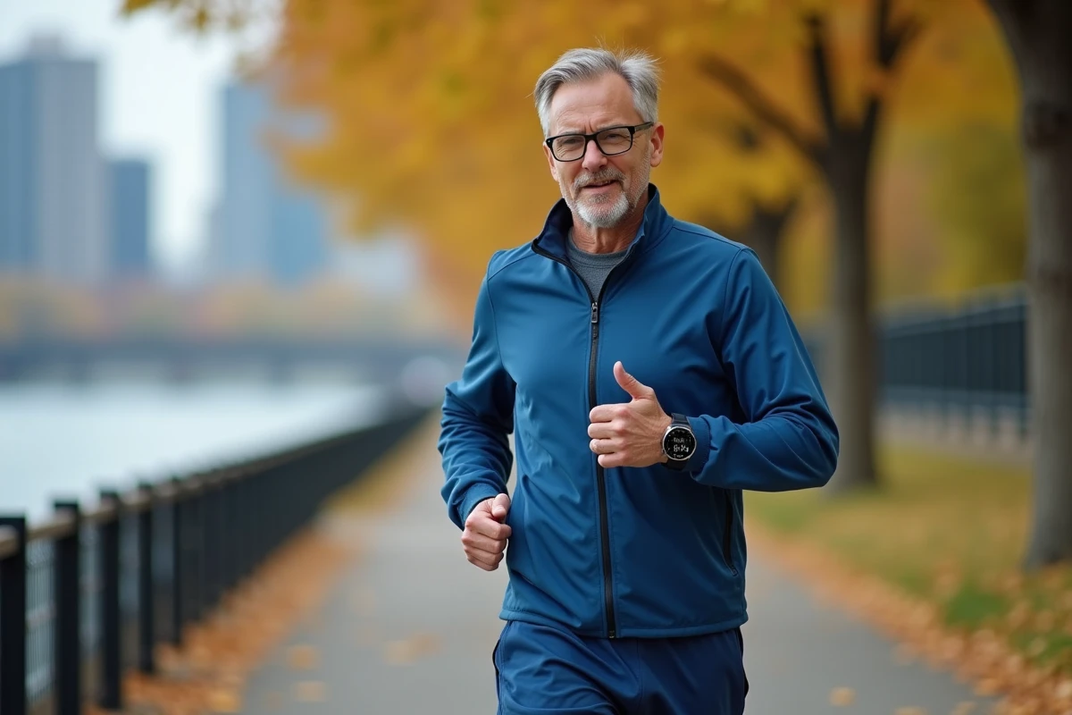 Homme courant avec montre connectée au bord de la rivière