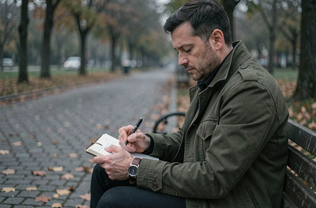 Homme écrivant dans un journal avec une montre affichant 21h12, méditant sur la signification sentimentale de cette heure en amour
