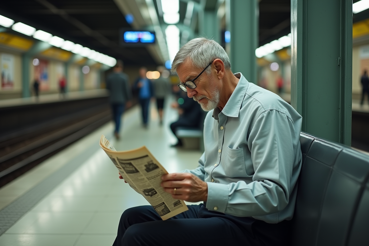 Homme âgé lit un journal dans une station de métro
