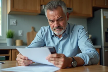 Homme d'âge moyen lisant une lettre dans la cuisine