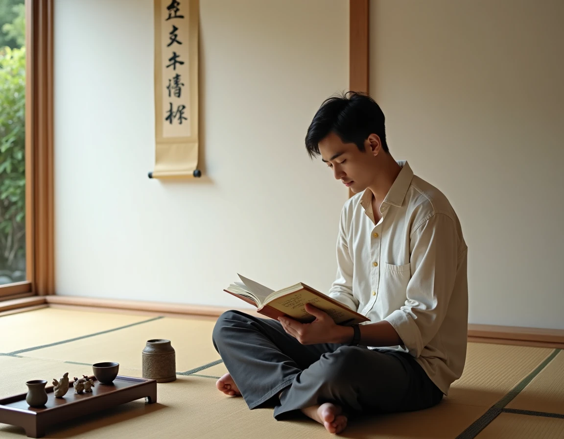 Jeune homme japonais méditant sur tatami entouré d'amulettes omamori et de livres sur la spiritualité et la culture japonaise