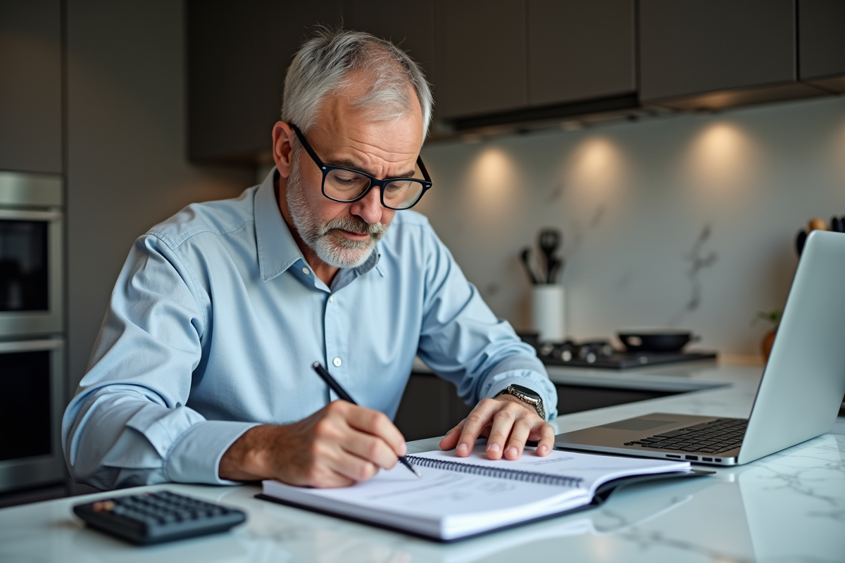 Homme vérifiant ses notes dans un carnet de comptabilité