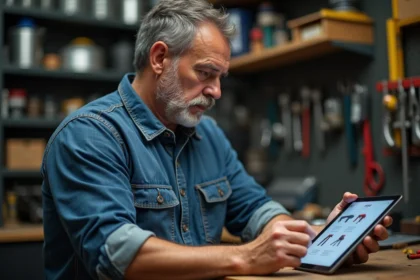 Homme sérieux compare outils de soudure sur tablette