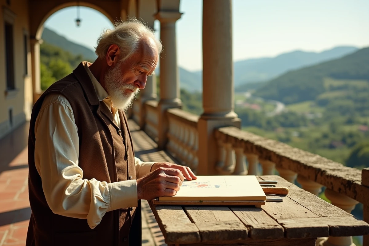 Un homme âgé étudie une toile dans une loggia en Italie