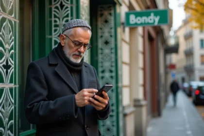 Homme nord-africain vérifiant l'horaire de prière devant une mosquee à Bondy