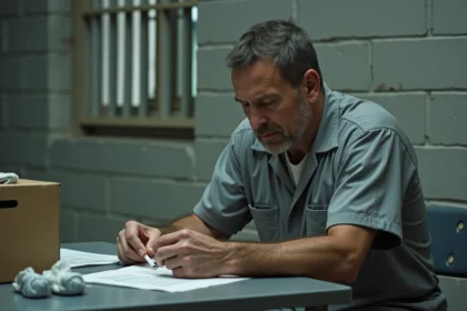 Homme en prison examinant un colis familial dans sa cellule