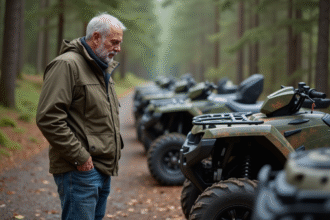 Homme d'âge moyen inspectant des quads en forêt