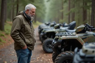 Homme d'âge moyen inspectant des quads en forêt