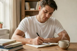 Homme concentré prenant des notes dans un journal intime, illustrant la réflexion personnelle et le défi No Nut November