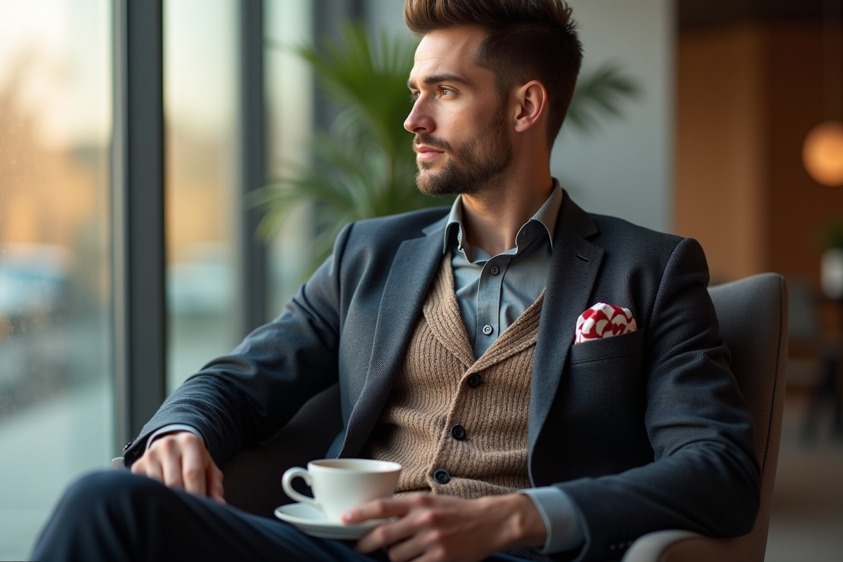 Homme sophistiqué dans un bureau avec tasse de café et lumière naturelle