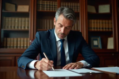 Homme d'âge moyen signant une lettre dans un bureau élégant