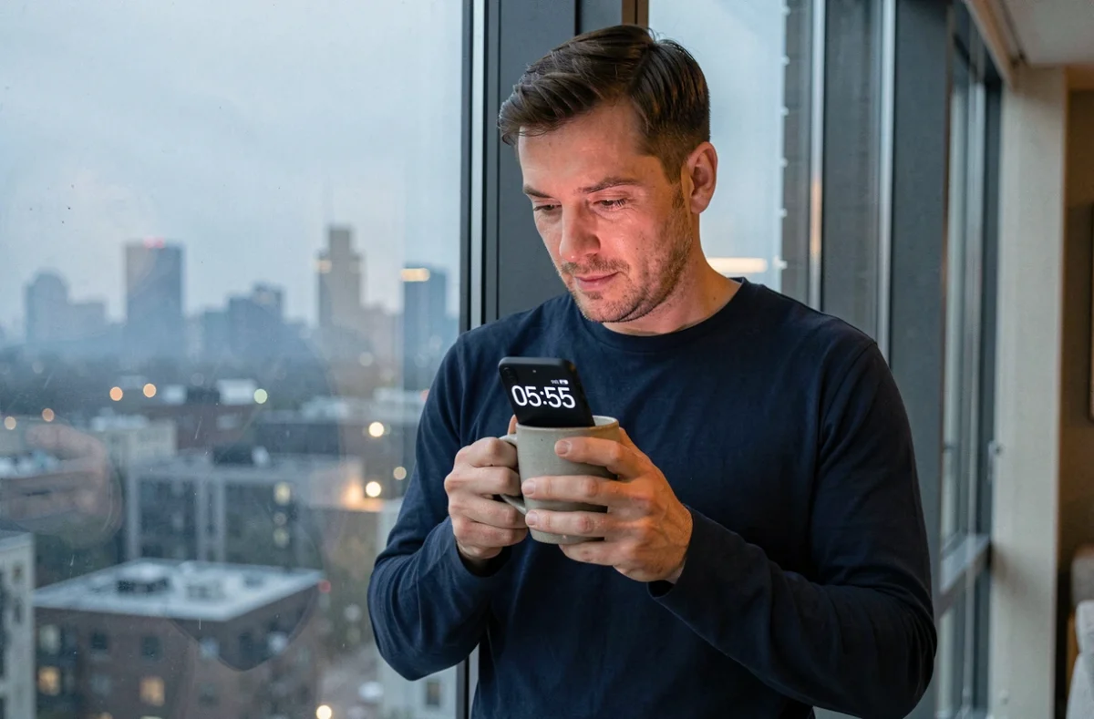 Homme regardant son téléphone affichant 05h55 devant une fenêtre urbaine à l'aube, tenant une tasse de café