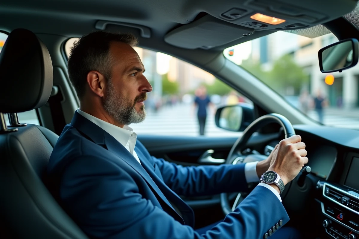 Homme en costume au feu de circulation en ville