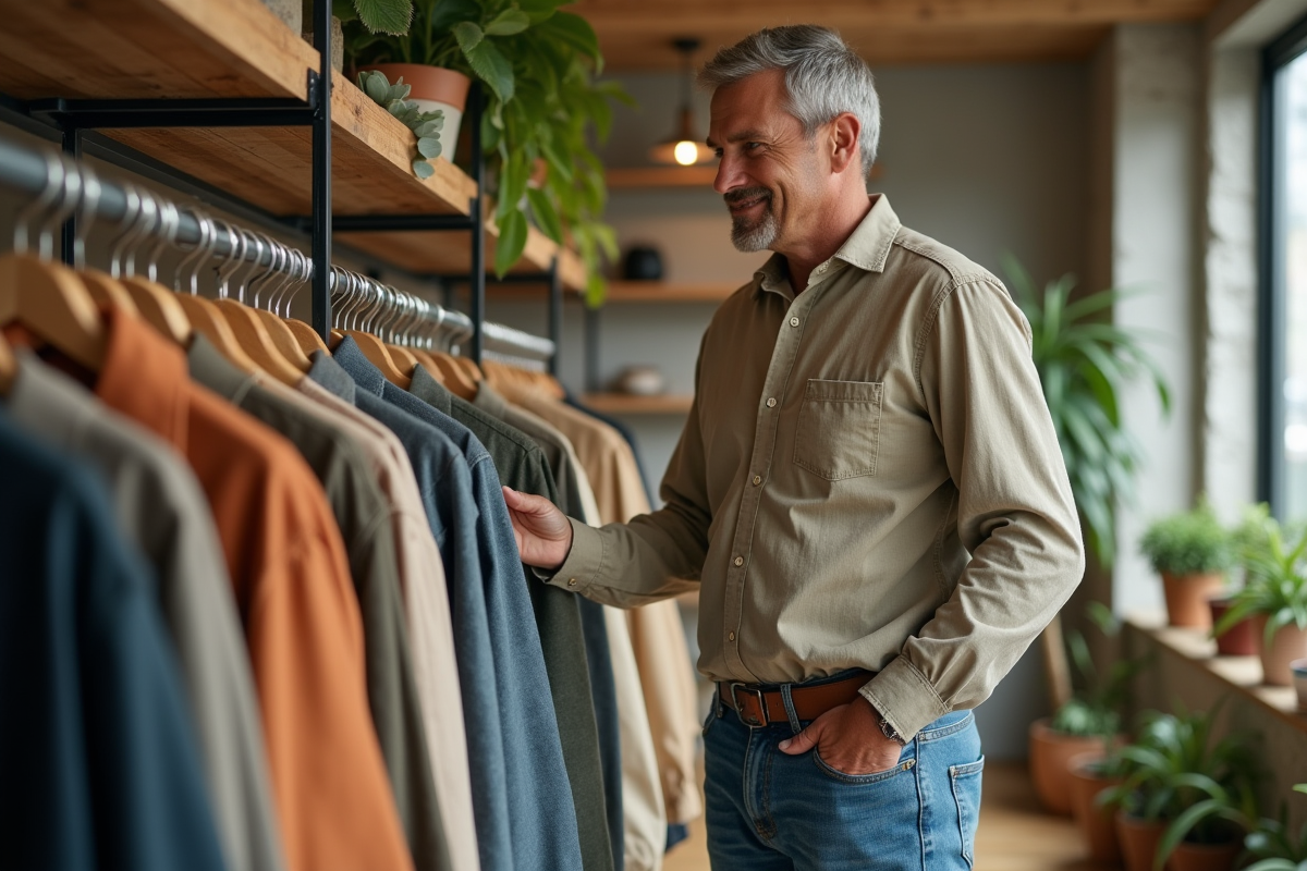 Homme regardant une selection de vetements durables en boutique