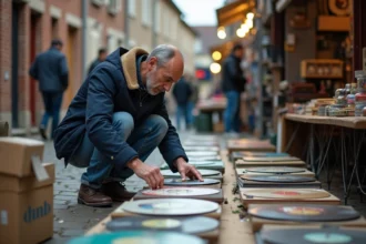 Homme d'âge moyen examinant des vinyles anciens au marché en plein air