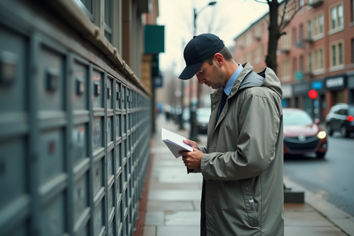 Homme devant une boîte aux lettres dans un environnement urbain