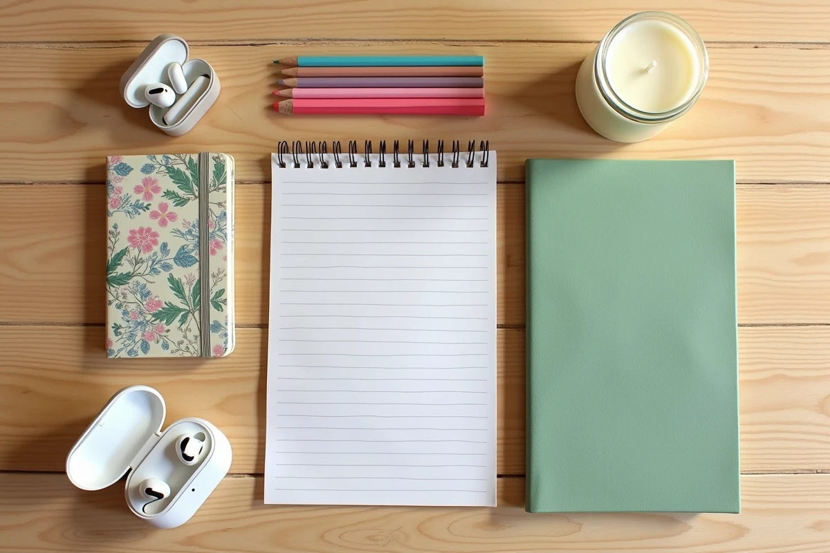 Flat lay de cadeaux abordables pour un adolescent de 16 ans incluant un journal intime, des écouteurs et des stylos colorés