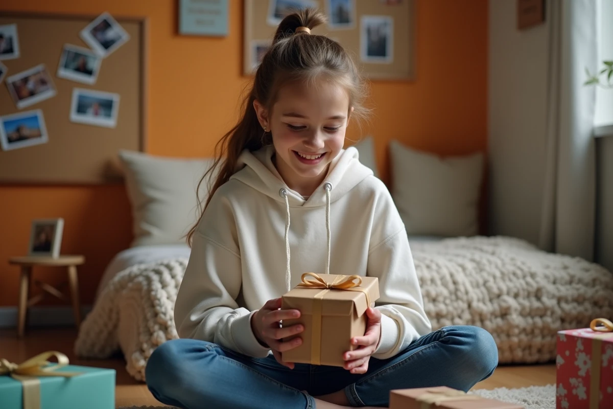 Adolescente de 16 ans qui déballe un cadeau à petit prix avec une expression de surprise joyeuse dans une chambre cosy