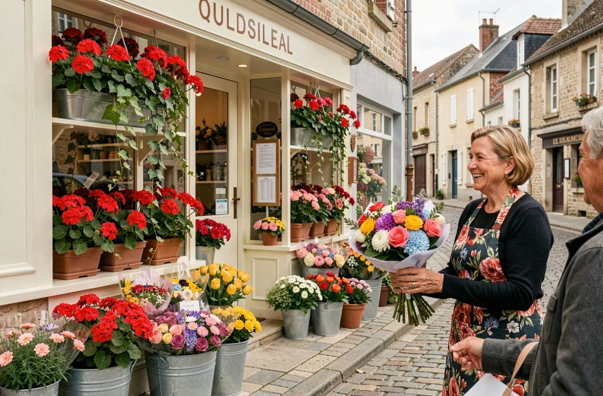 Fleuriste généraliste remettant un bouquet coloré à un client devant sa boutique à Houdan