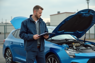 Ingénieur automobile examinant un véhicule moderne en test emissions