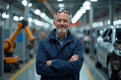 Ingénieur automobile en veste dans une usine moderne