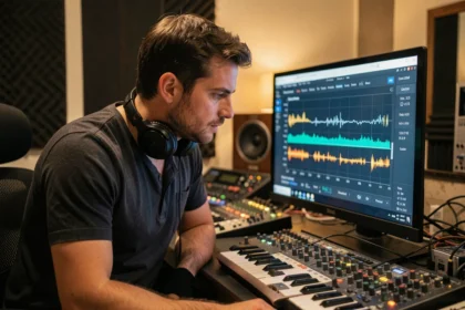 Ingénieur du son analysant une calculatrice de décibels sur écran d'ordinateur dans un studio d'enregistrement professionnel