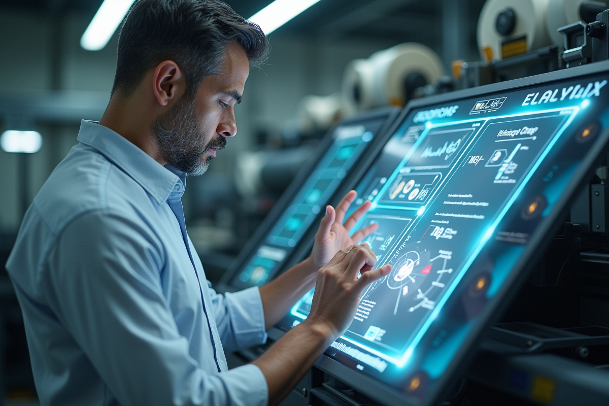 Ingénieur testant un textile interactif dans une usine high-tech