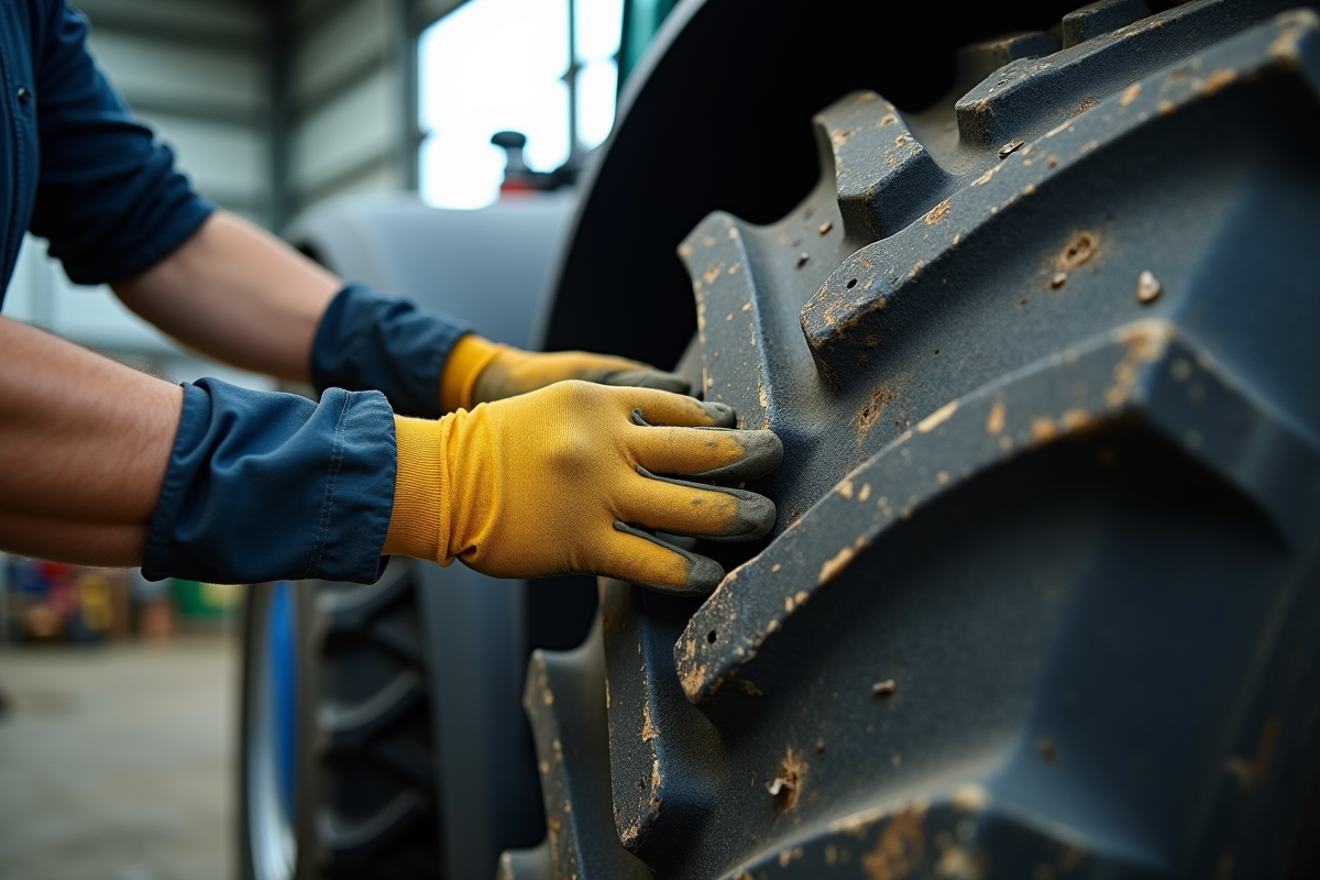 Main gantée inspectant la bande de roulement d’un pneu de tracteur