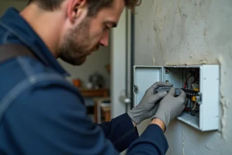 Électricien installant une borne de connexion Wago dans une boîte de dérivation en plastique blanc fixée sur un mur en béton