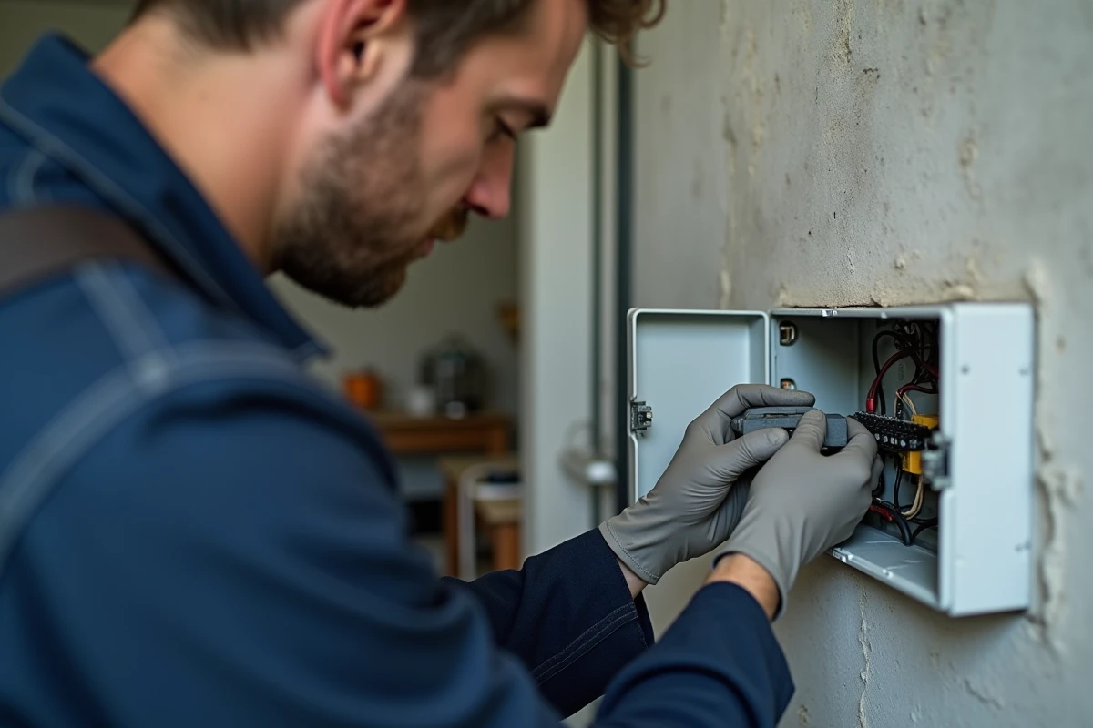 Électricien installant une borne de connexion Wago dans une boîte de dérivation en plastique blanc fixée sur un mur en béton