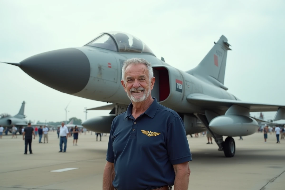 Instructeur d'aviation devant un chasseur Mirage à ailes delta exposé sur le tarmac d'un salon aéronautique
