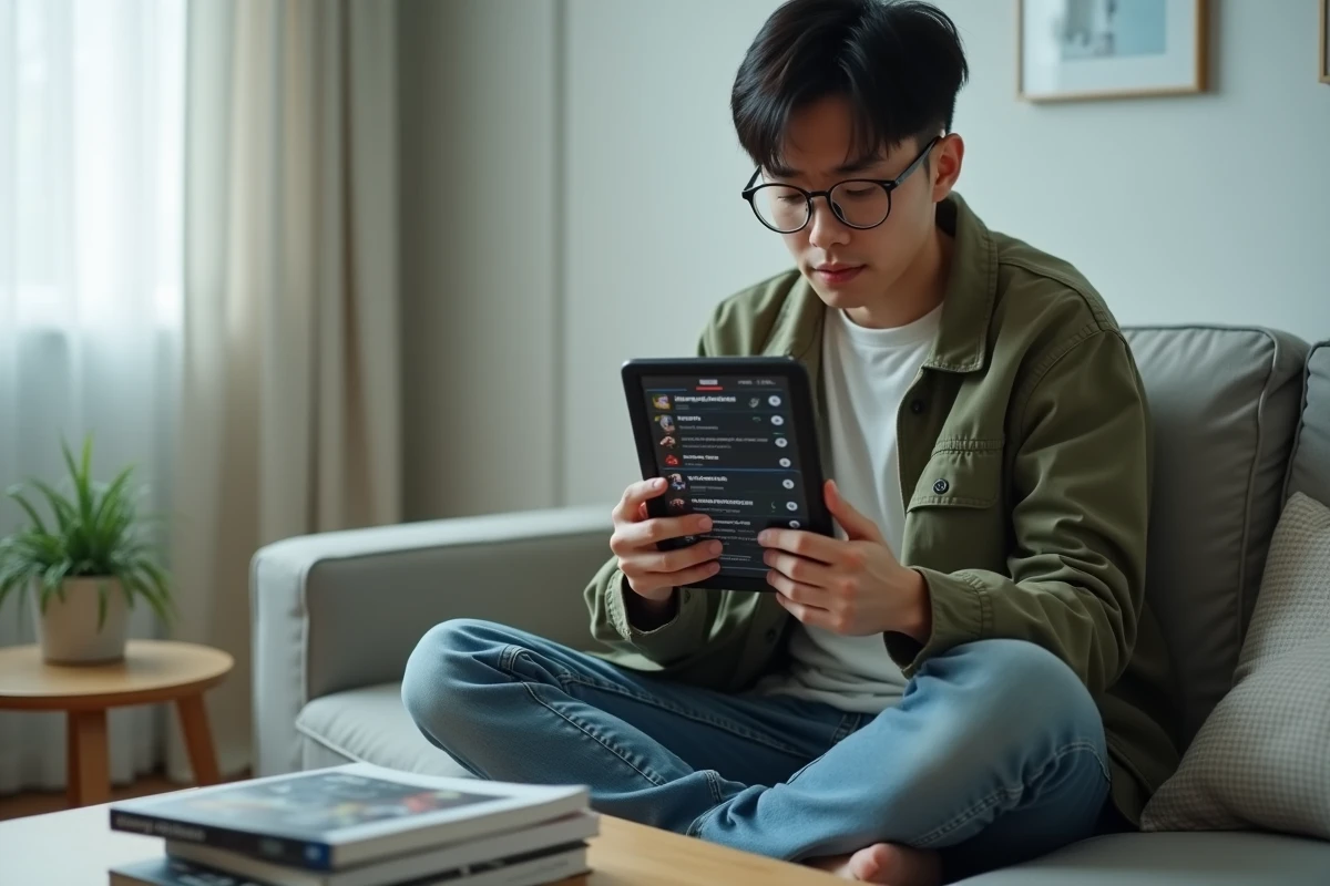 Jeune adulte repérant une erreur de synchronisation sur une application de suivi de manga depuis une tablette dans un salon minimaliste