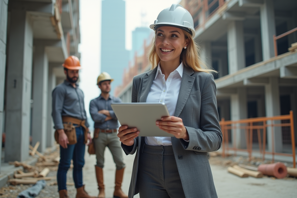 Jeune femme architecte sur un chantier avec plans numériques et ouvriers