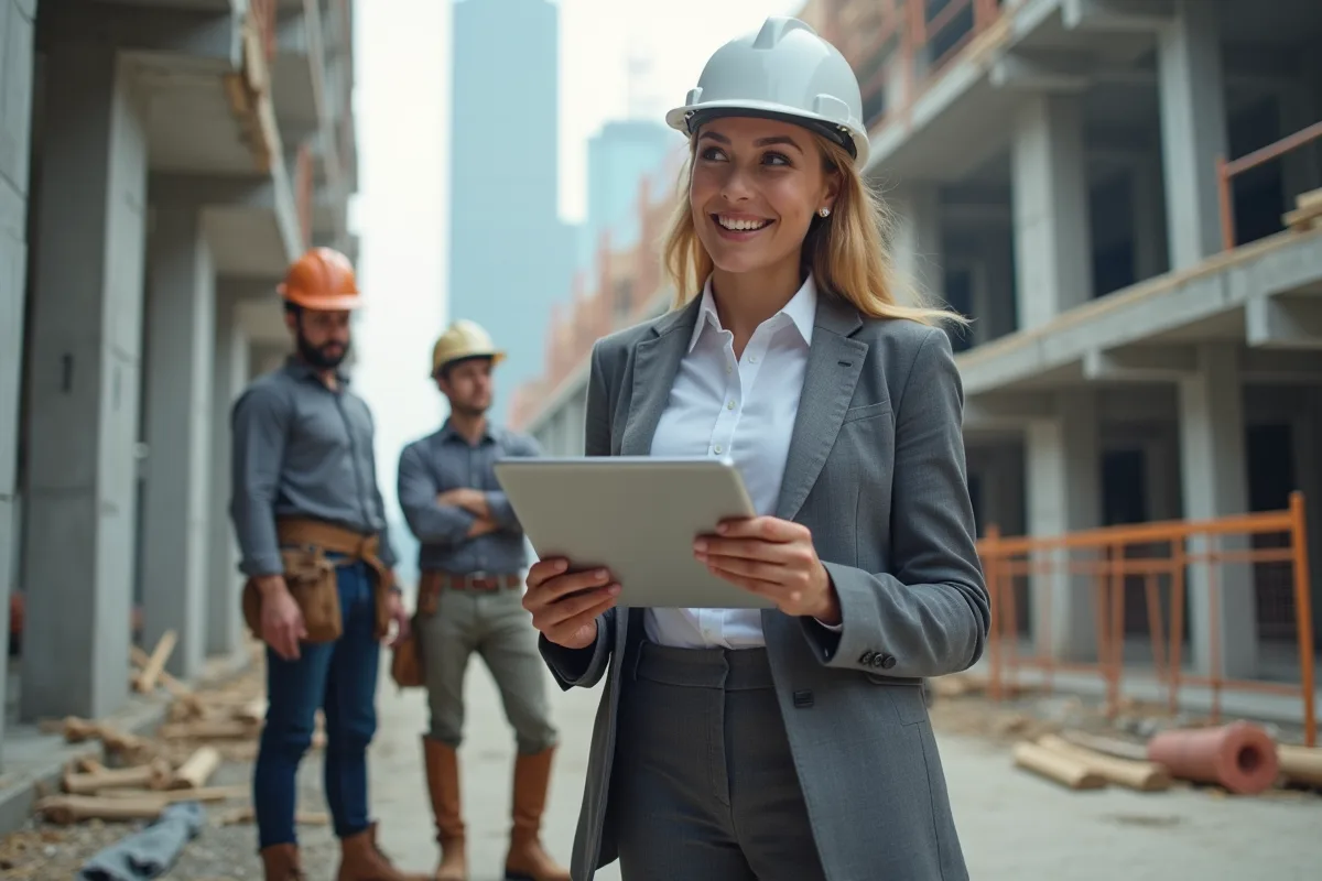 Jeune femme architecte sur un chantier avec plans numériques et ouvriers