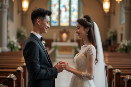 Jeune couple de mariés échangeant des anneaux dans une église ancienne