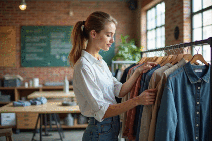 Jeune créatrice de mode écologique examine des échantillons de vêtements durables