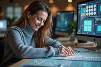 Jeune femme designer examinant un circuit imprimé textile intelligent