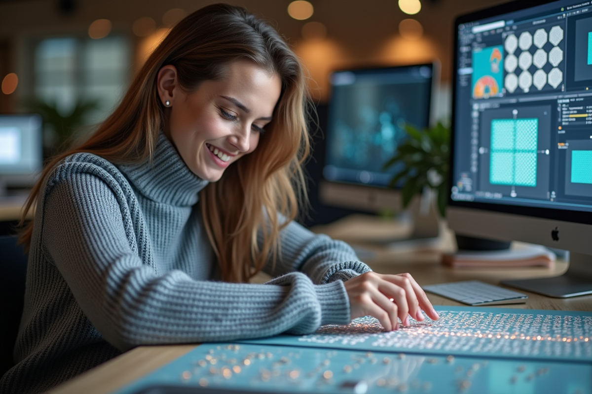 Jeune femme designer examinant un circuit imprimé textile intelligent
