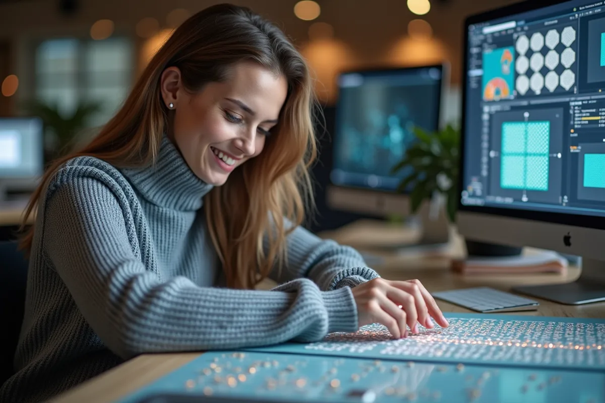Jeune femme designer examinant un circuit imprimé textile intelligent