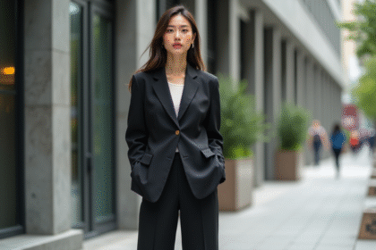 Jeune femme en blazer large dans une ville moderne