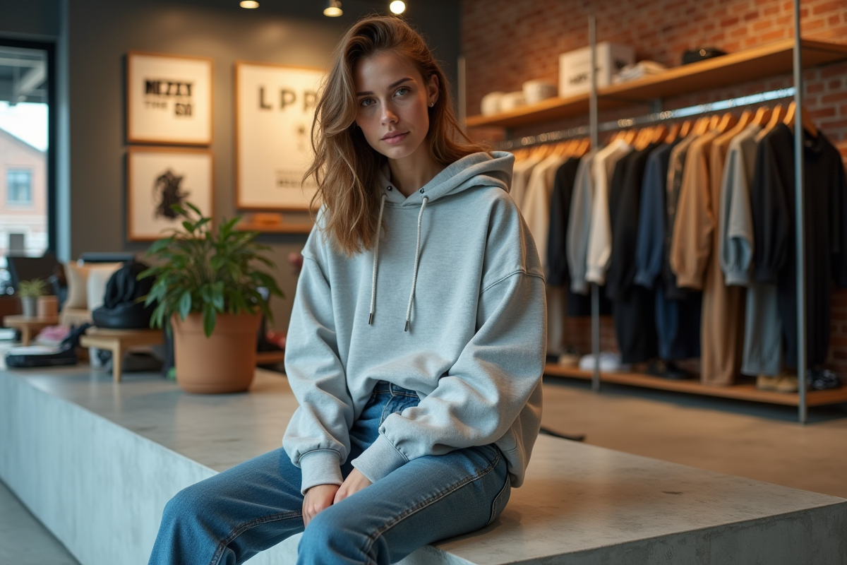 Jeune femme en streetwear chic dans une boutique tendance