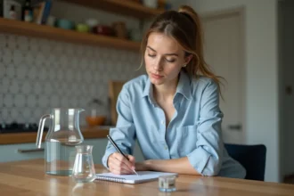 Jeune femme écrit des conversions d'unités dans la cuisine