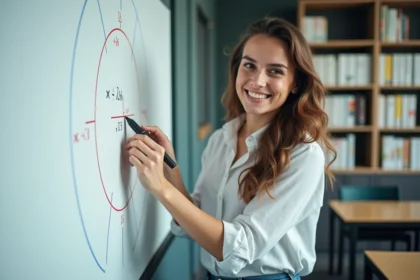 Jeune femme en classe dessinant un cercle sur un tableau