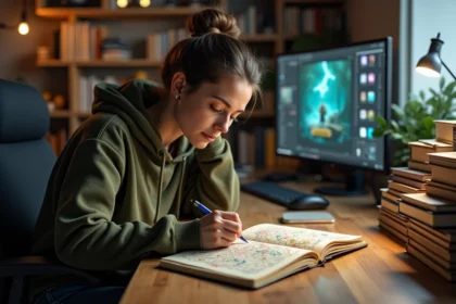 Jeune femme en hoodie vert étudiant un carnet de jeu de rôle