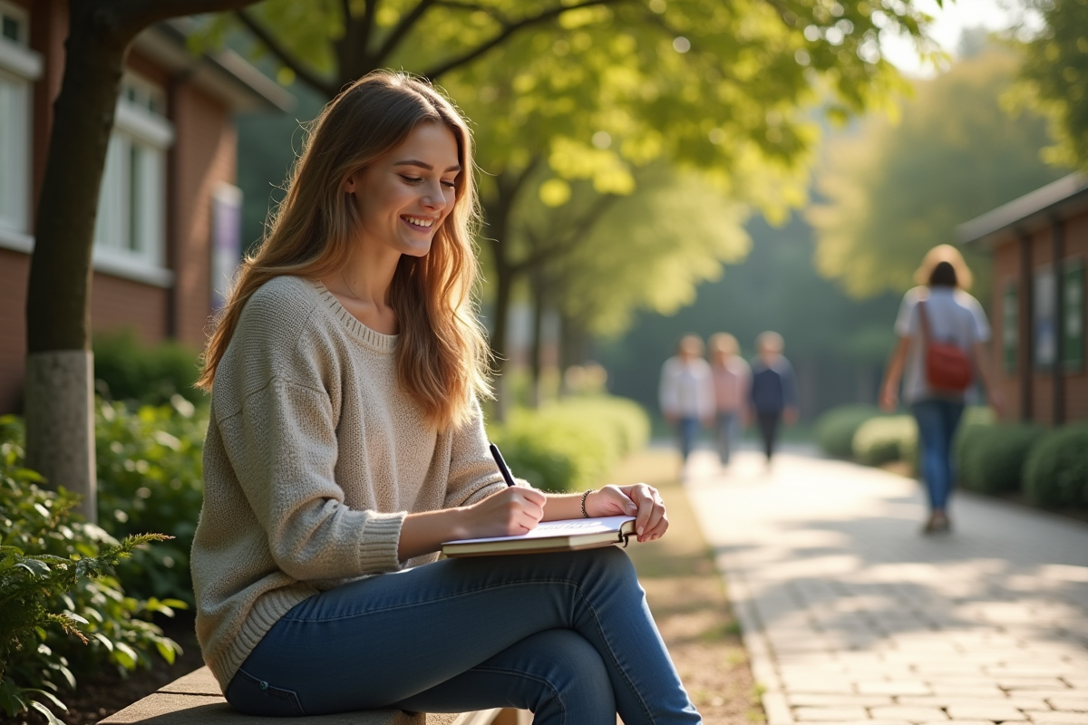 Jeune femme souriante écrivant dans un journal dans un jardin