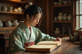 Jeune femme en kimono japonais examinant un manuscrit ancien