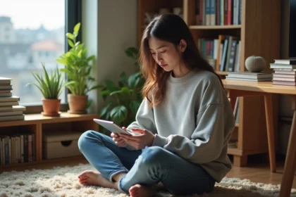 Jeune femme lisant manga sur tablette dans un intérieur cosy