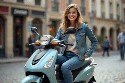 Jeune femme souriante sur une moto 50cc en ville