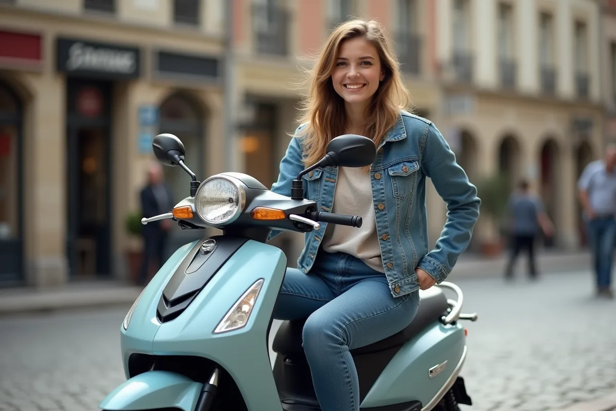 Jeune femme souriante sur une moto 50cc en ville